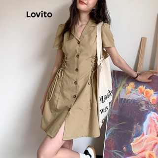 Lovito Casual Vestido Feminino Liso Amarrado com Botão Frontal L68ED332 (Cáqui)