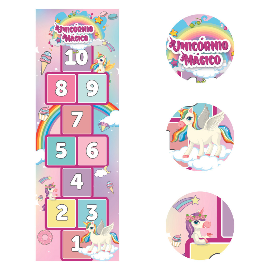 Brinquedo Amarelinha Unicórnio Tapete de Lona para brincadeira de Criança Tapete Educativo Escola Brinquedo Escolar