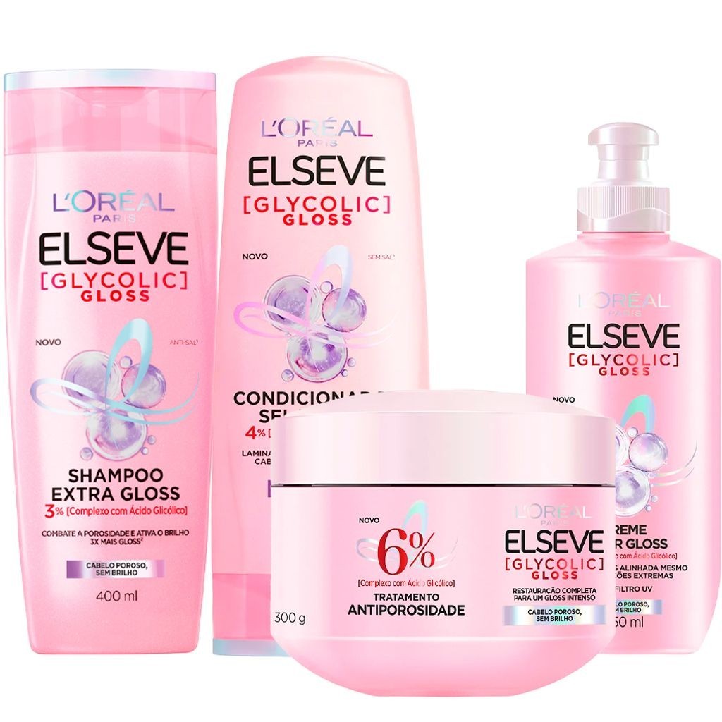 Kit Shampoo Elseve Glycolic Gloss, Condicionador Elseve Glycolic Gloss, Creme Para Pentear Elseve Glycolic Gloss e Creme De Tratamento em Oferta na Shopee