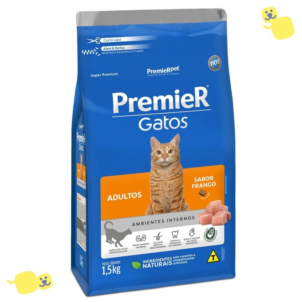 Ração Premier Ambientes Internos Gatos Adultos Alimento Frango 1,5kg
