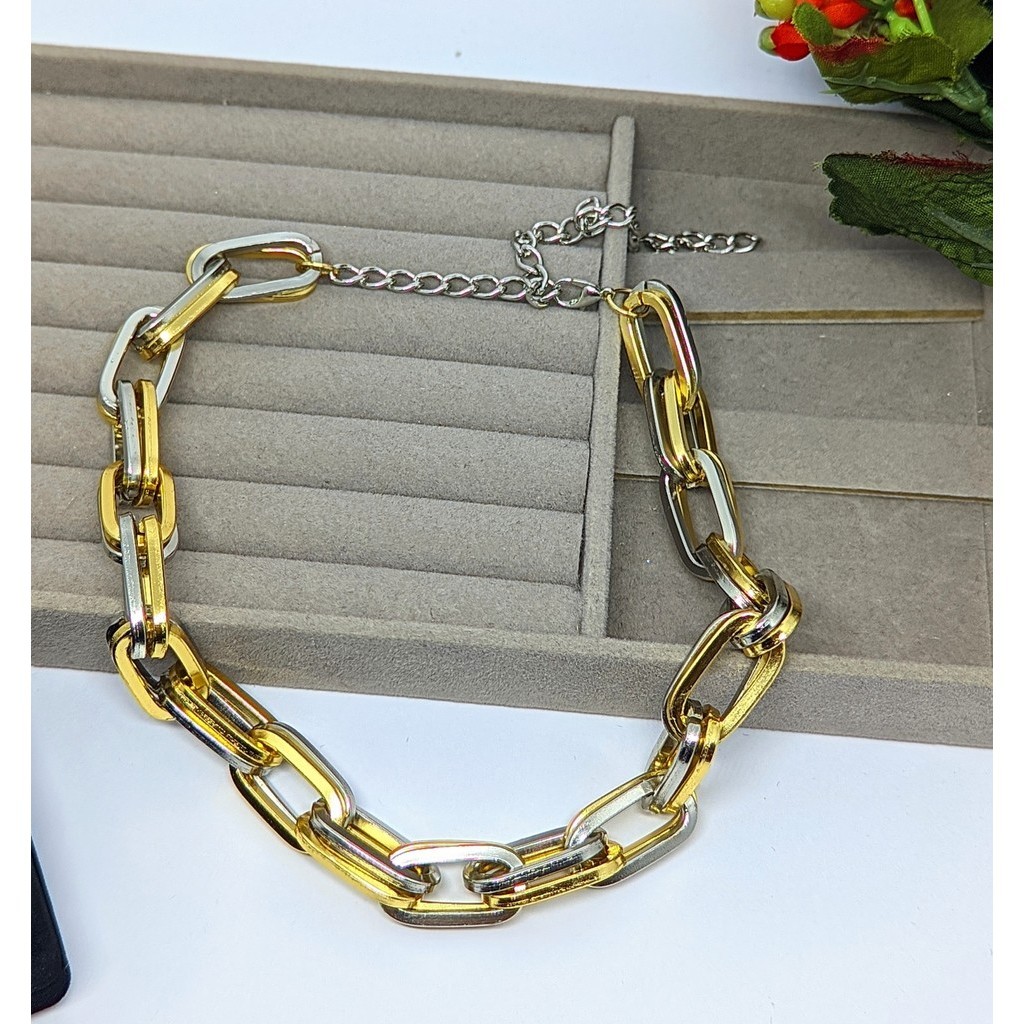 Colar Gargantilha Feminino Elos Duplos Grossa Folheado Ouro Corrente Elos Grande Dourado com Prata Tendência