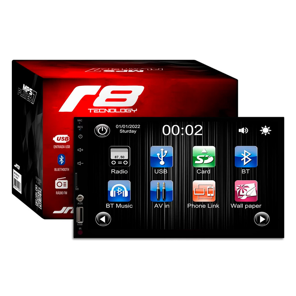 Central Multimidia R8 Mp5 7 Polegadas BT USD SD 1080 pixel RGB com Câmera de Ré Tartaruga em Oferta na Shopee