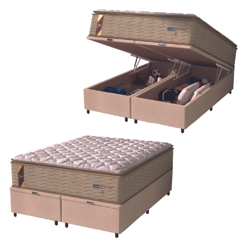 Cama Box Baú Colchão Casal Queen Probel Molas Guarda Costas Max Pillow Top 158x198x81cm Bege/Branco - Home & Living