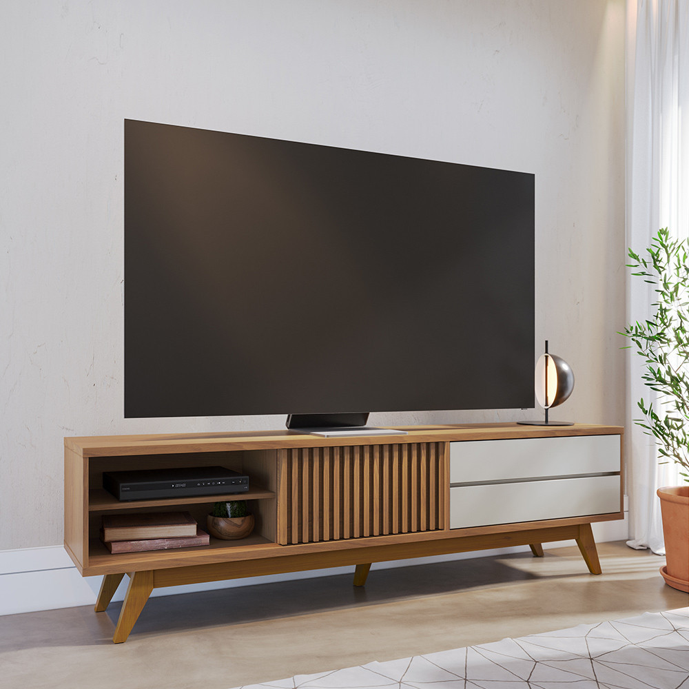 Rack para Sala De Estar TV 75 Pol 200cm Pés Retrô Venice C04 Freijó Off White Matte - Lyam Decor em Oferta na Shopee