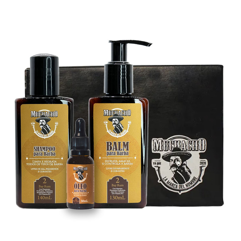 Kit Shampoo para Barba, Balm para Barba e Óleo para Barba - Muchacho Bay Rum