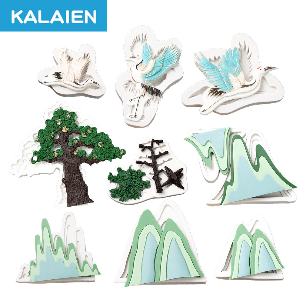 Molde de Silicone Estilo Chinês KALAIEN para Fondant, Formato de Montanha, Garça-de-coroa-vermelha, Árvore, Molde de Sil