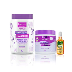 Kit Creme de Pentear, Gelatina Explosão Hialurônico, Óleo de Abacate e Oliva 55ml bn.Cachos