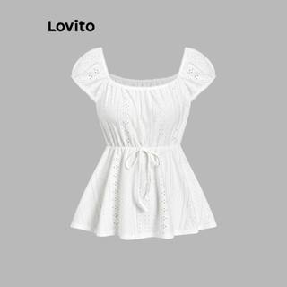 Lovito Blusa casual lisa com babados e renda para mulheres L113MD034 em Oferta na Shopee