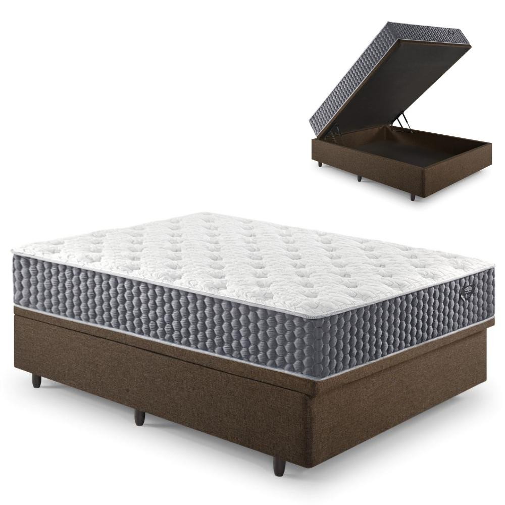 Base Box Baú Casal 138x188Linho Marrom e Colchão Relax Fresh