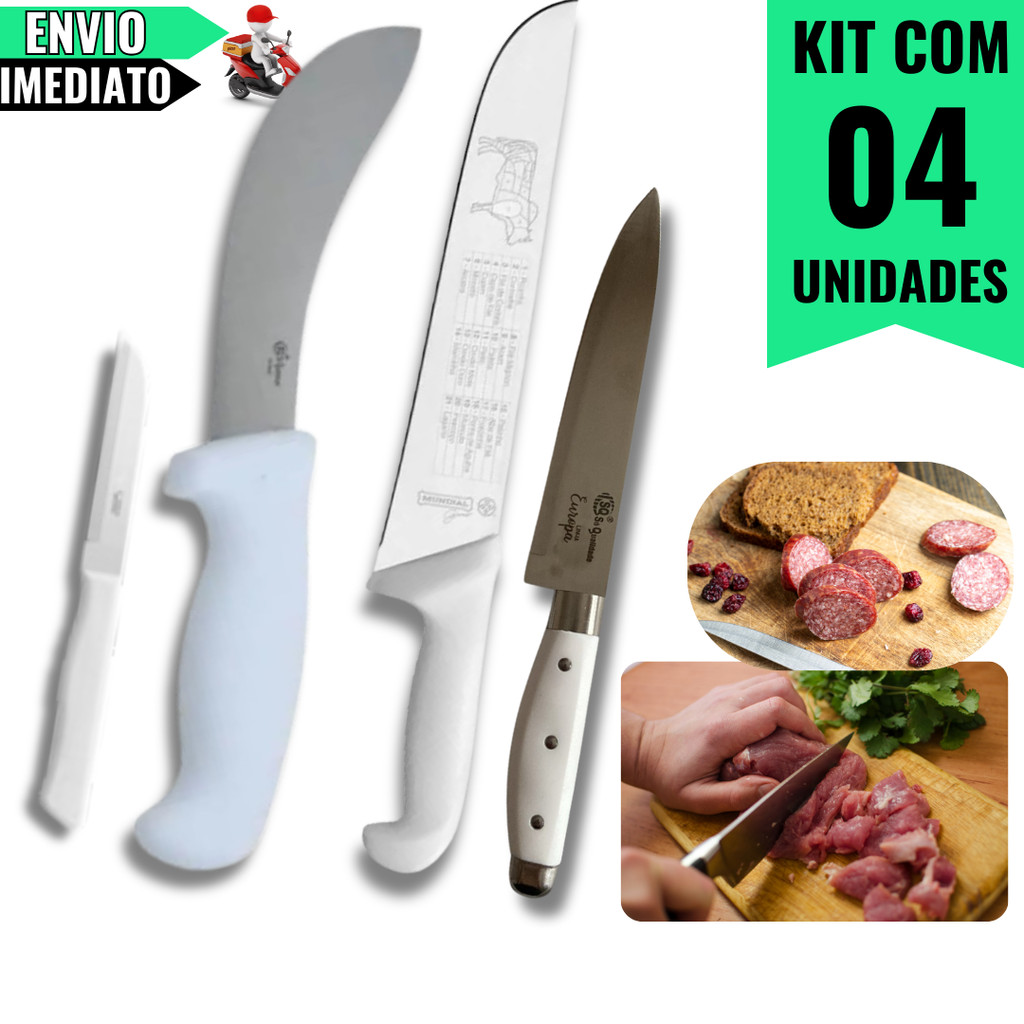 Kit Faca Tira Couro + Facas de Carne Profissional Para Churrasco, Açougue, Cozinha, Uso Profissional e Domestico