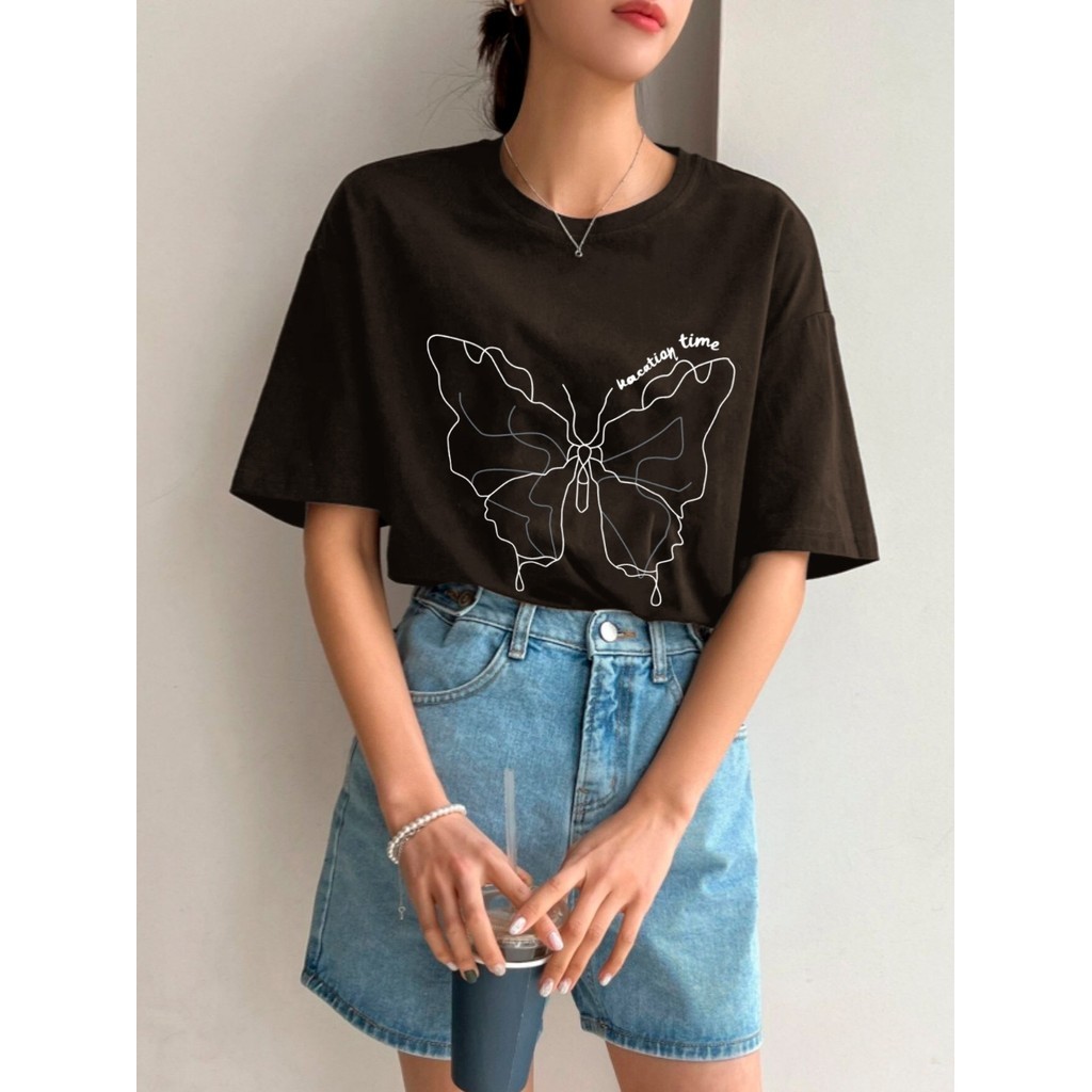 Camiseta Oversized Estampa Borboleta Ombro Caido Life Style Blusa Moderno Moda Gringa Streetwear