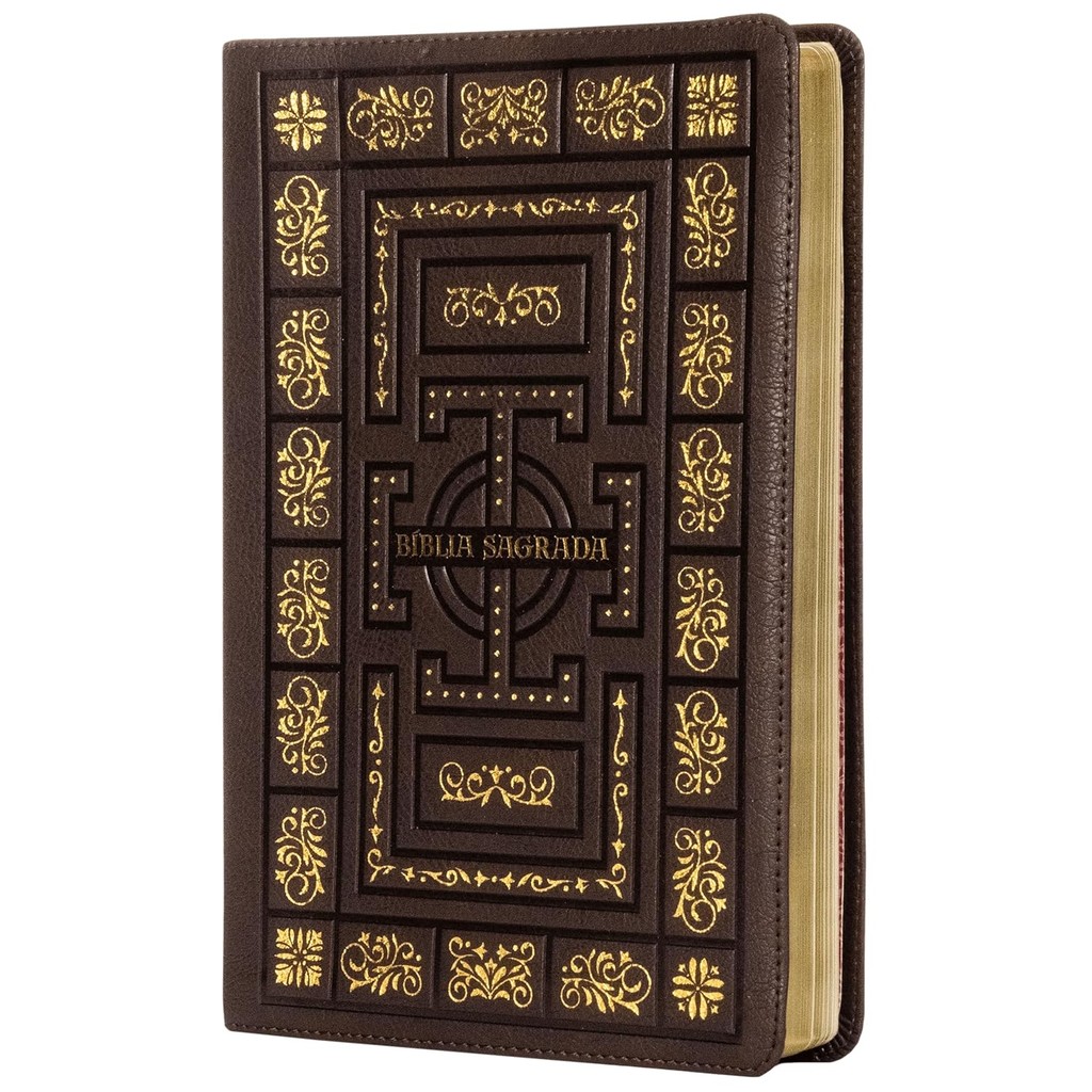 Detalhes do Bíblia Sagrada Católica | NTLH | Letra Grande | Leitura Perfeita | Molduras | Couro Marrom