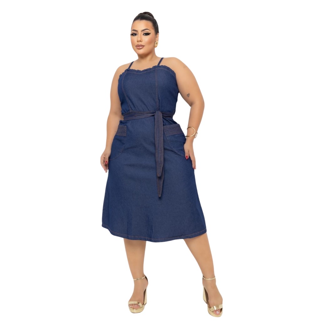 Vestido Feminino Jeans Midi com Elastano Plus Size com Alcinhas Super Elegante