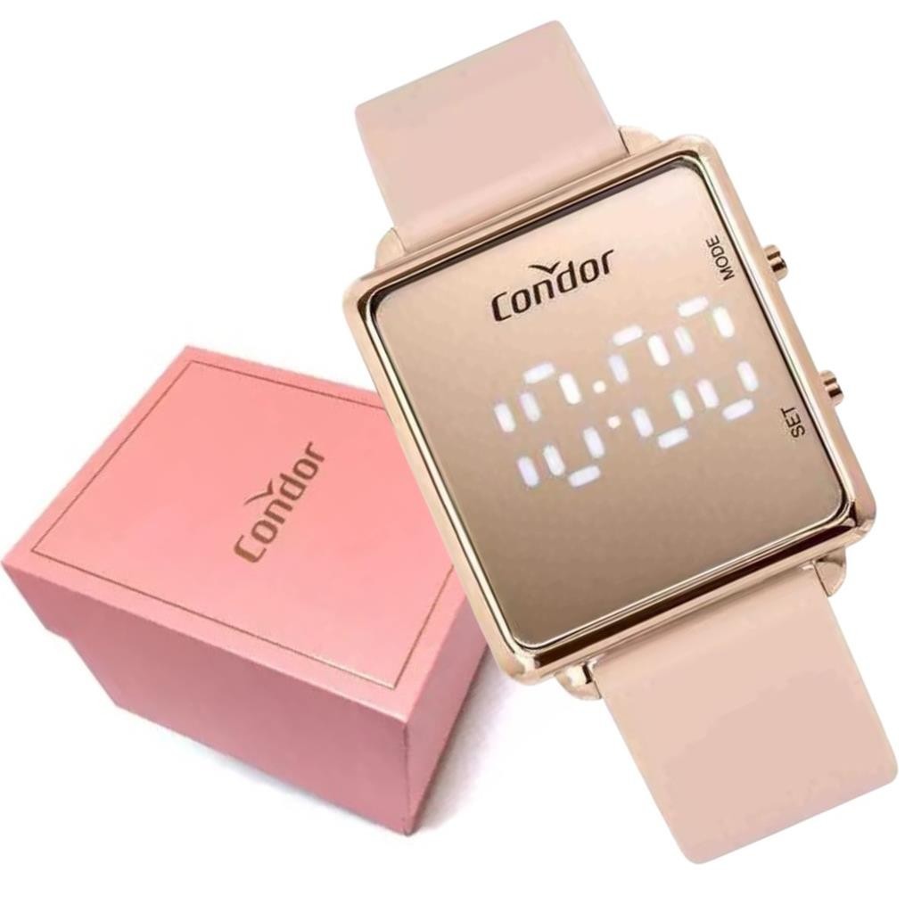 Relógio Feminino Condor Digital Led Rosê Espelhado Silicone