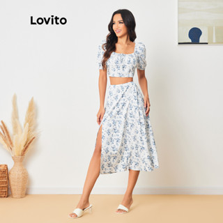 Lovito Conjunto com Saia Plissada e Estampa Floral Pequena Boho para Mulheres LBL08099