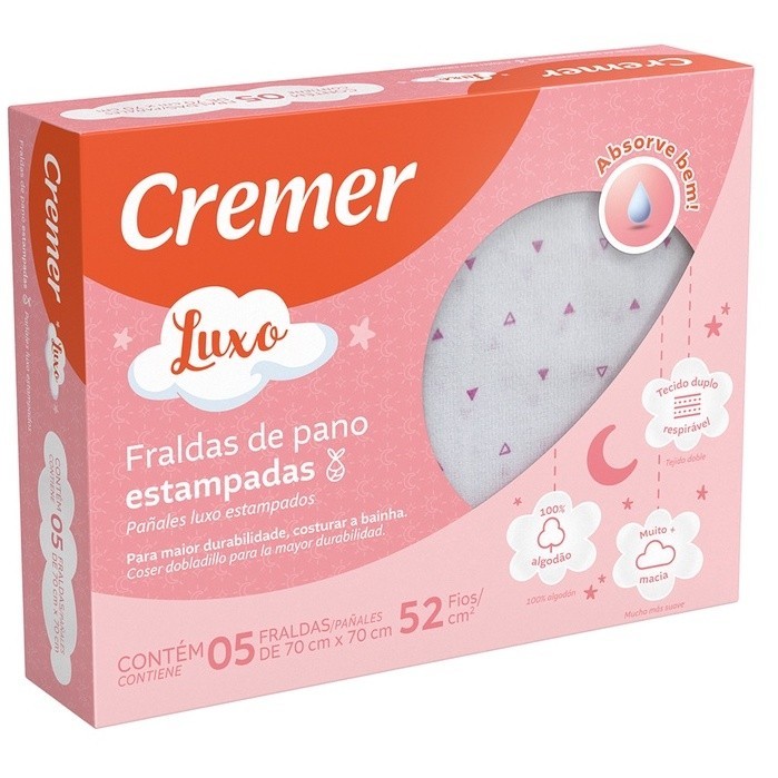 Fralda de Pano Menina Estampado C/5 UN Cremer 100% algodão Nova Embalagem