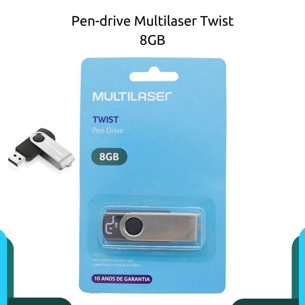 Pen Drive Multilaser Twist 8GB - USB 2.0 - Até 10MB/s de leitura e 3MB/s de escrita