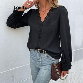 Lovito Blusa Elegante Com Babados De Renda Lisa Para Mulheres LNL50076