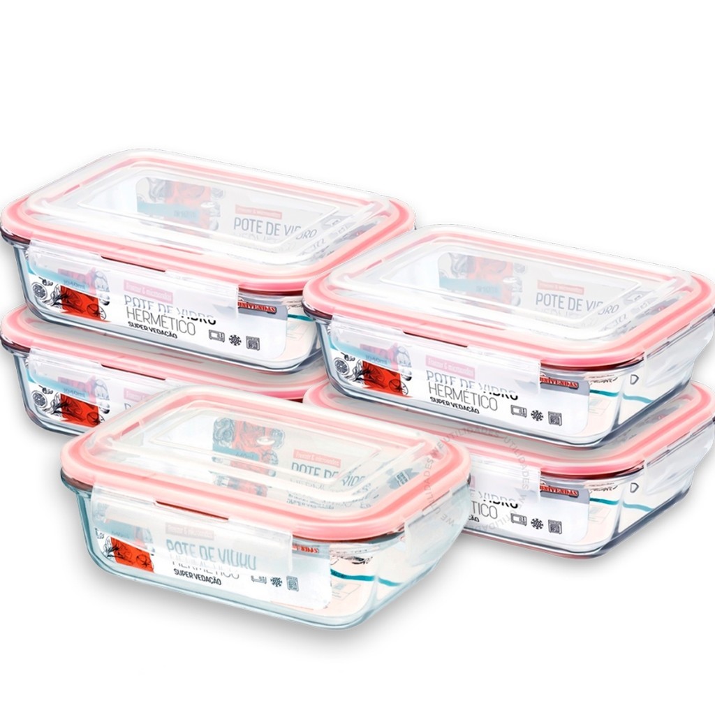 Kit 5 Potes de Vidro Hermético Mantimentos Marmita 1050ml