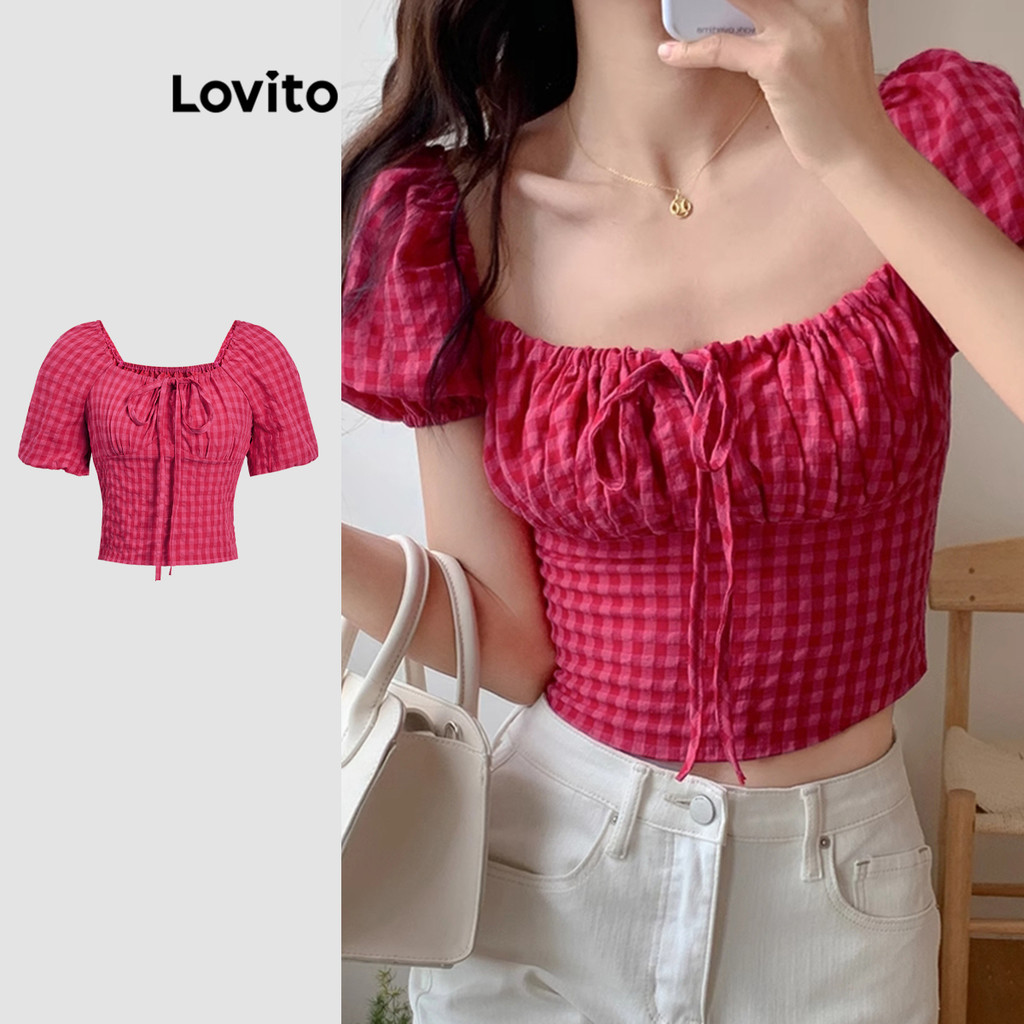 Lovito Blusa Elegante Xadrez Com Cadarço Para Mulheres L118ED009 - Women Clothes