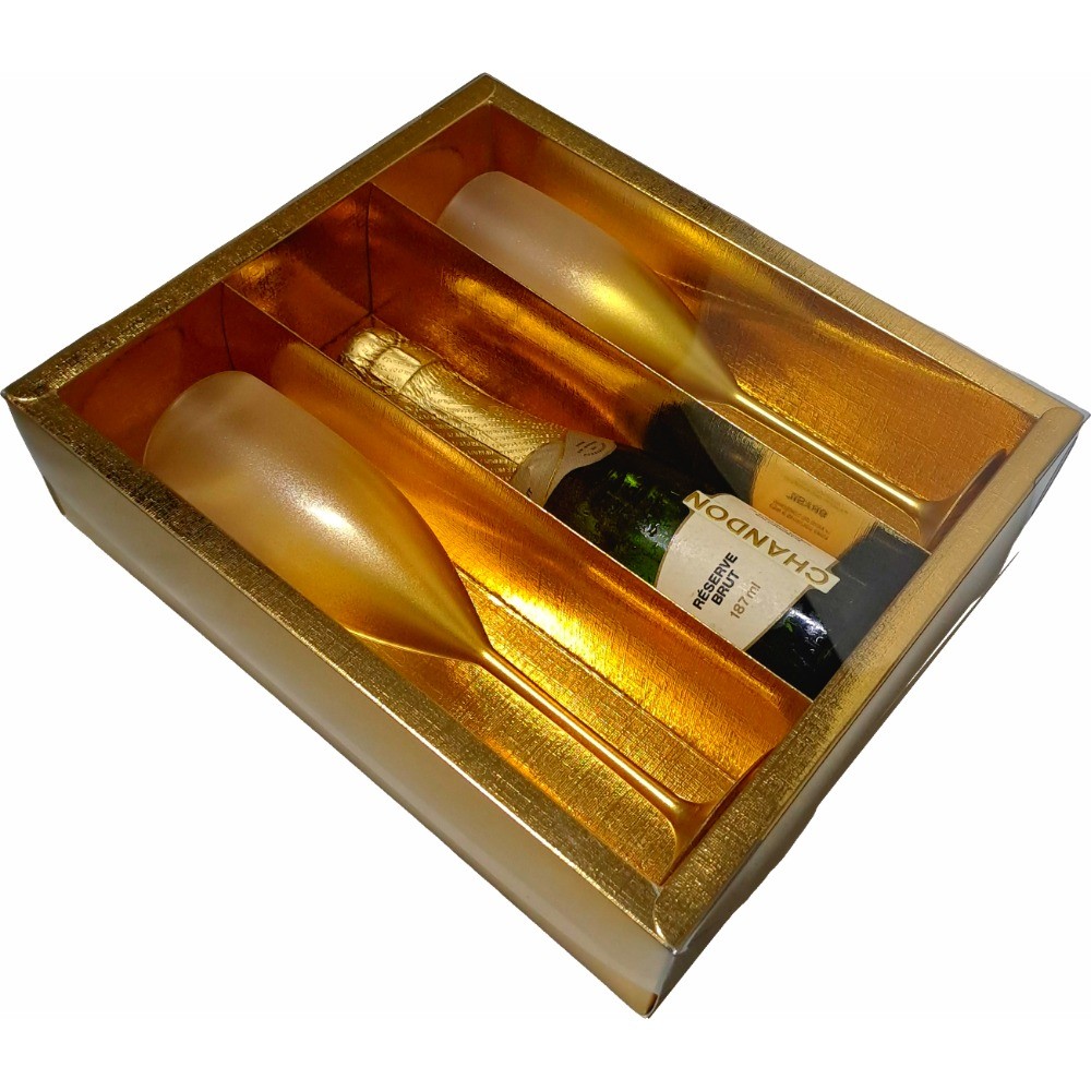 5~20 CAIXA MINI CHAMPANHE C/2 TACAS 20,5X13X6 OURO TEXTURIZADO ASSK (CHOCO)