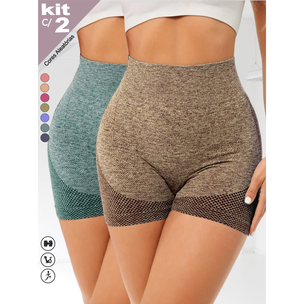 KIT 2 Peças SHORT ACADEMIA FITNESS LEVANTA EMPINA BUMBUM PUSH UP YOGA ESPORTE CINTURA ALTA