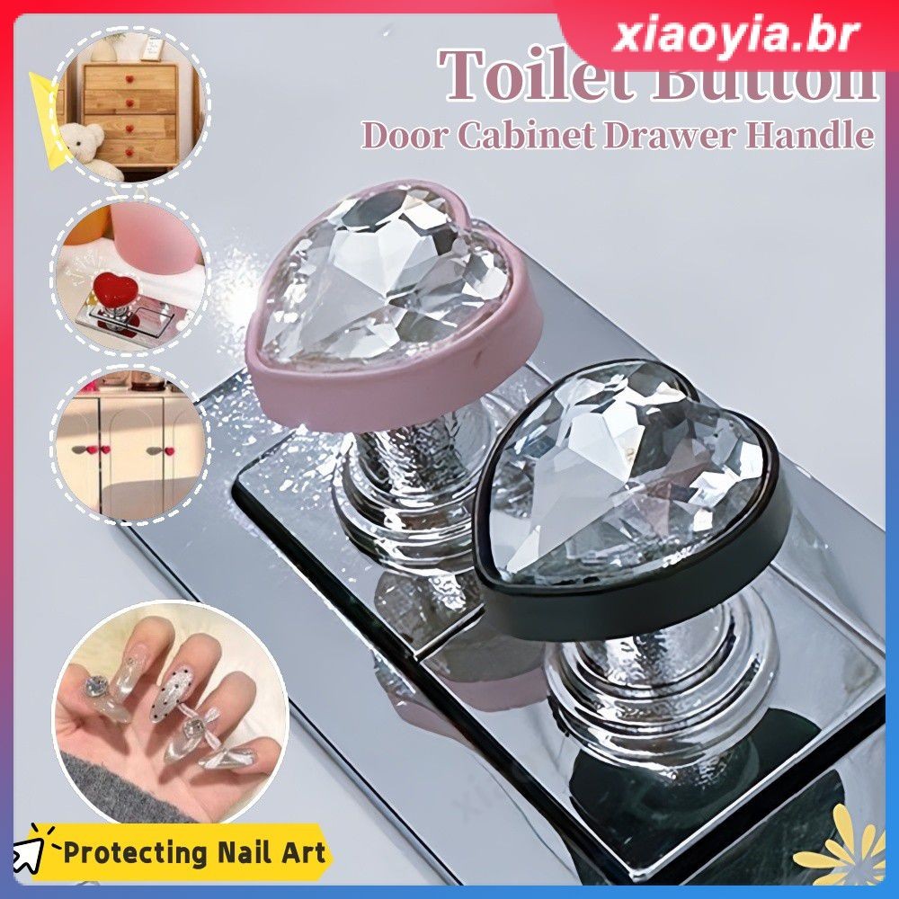 Botão de pressão para tanque de vaso sanitário, formato de coração de cristal, unha longa, arte auxiliar para vaso