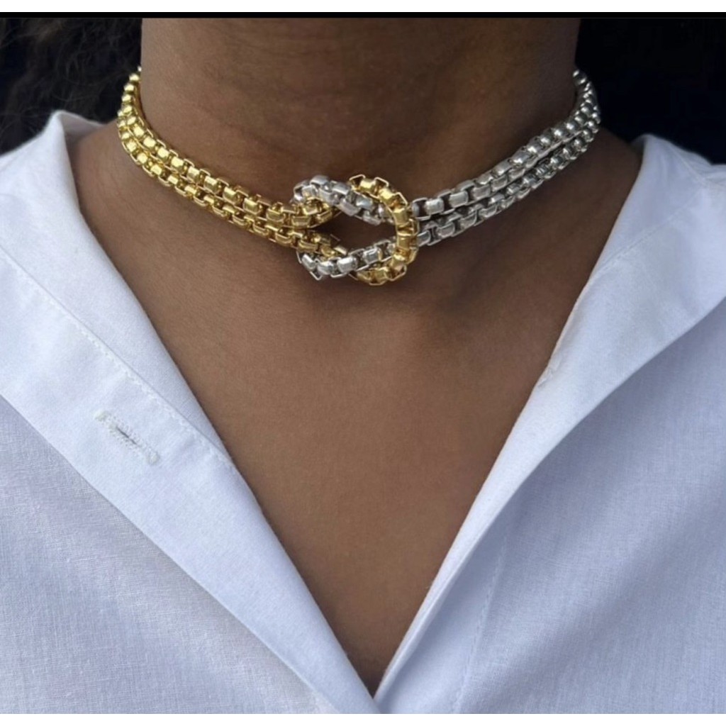 Colar feminino nó nozinho choker dupla folheada a ouro 18k ou prata gargantilha moderna de luxo acessório feminino
