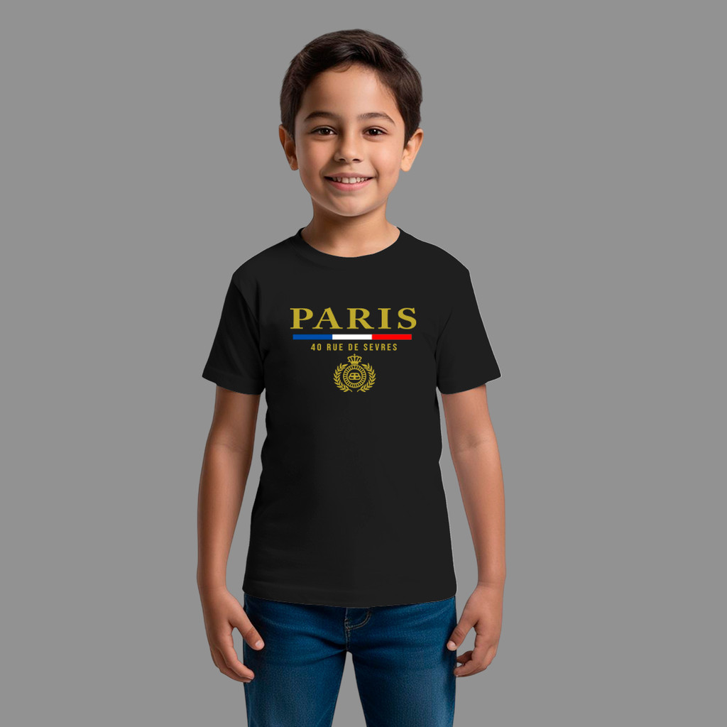 Camiseta Infantil Básica Masculina Streetwear Casual Moda De Rua Manga Curta Gola Redonda Paris Risco