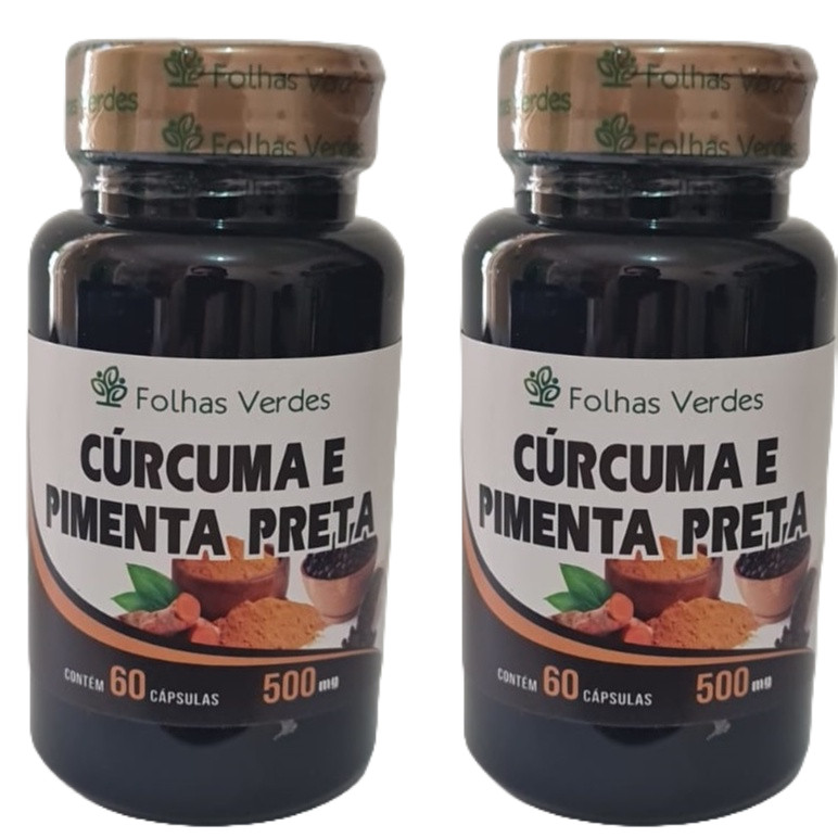 Kit 02 POTES Cúrcuma e Pimenta Negra 500mg PREMIUM 60 Cápsulas - Folhas Verdes