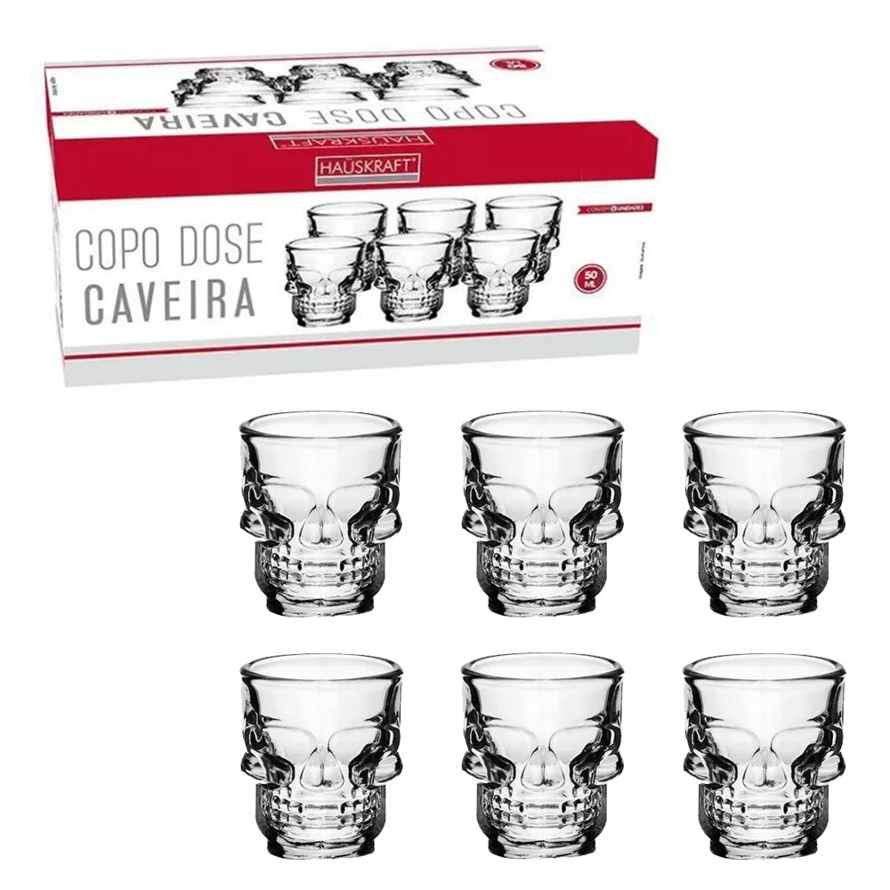 Jogo 6 Copos Caveira Vidro Shot Dose Vodka Skull Tequila Bar 50ml - HausKraft