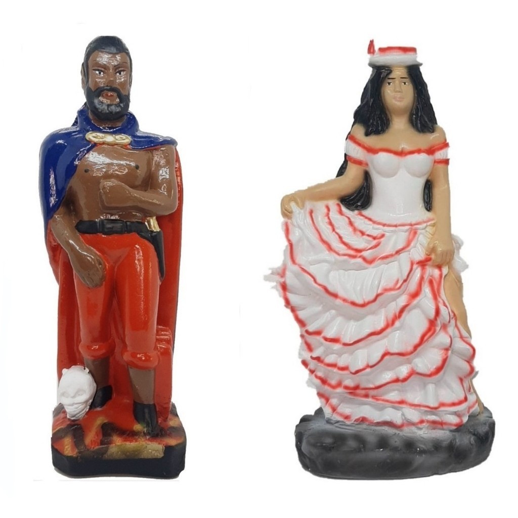 Escultura Estatueta Estátua Exu Tranca Ruas Das Almas E Pombagira Malandra Maria Navalha Umbanda Candomblé Altar Congá Porteira Tronqueira Imagem Em Gesso 22cm