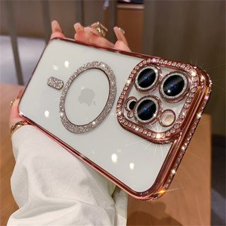 Capa Magnética De Diamante Glitter Bling Para iPhone 15 14 13 12 11 Pro Max Plus Rhinestone Transparente Galvanizada