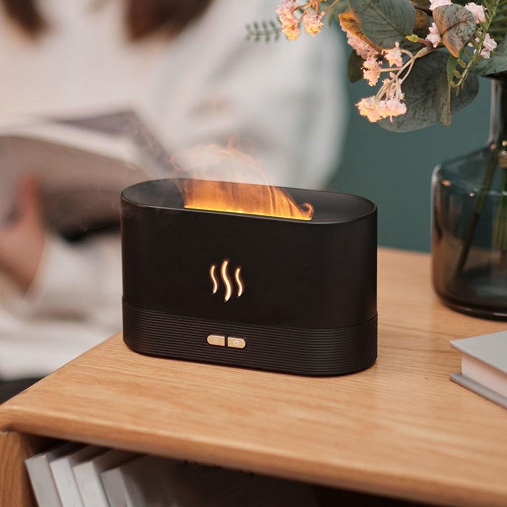 Umidificador de Chama com Difusor de Óleo Essencial e Luz LED Colorida de 7 Cores, Efeito ...