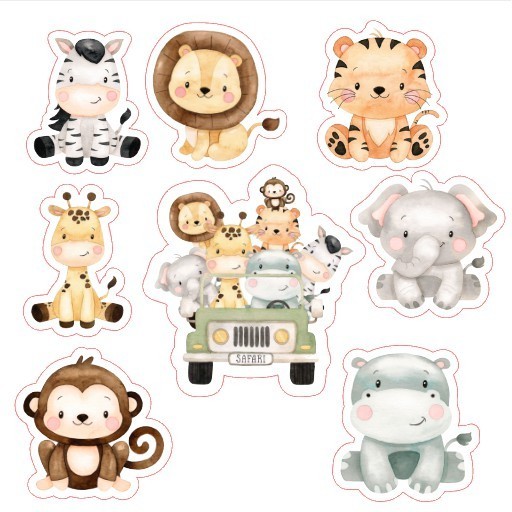 100 Apliques Safari Aquarela Toppers Tags Tubetes Docinhos Doces Festa Enfeites para Aniversário QUALQUER TEMA