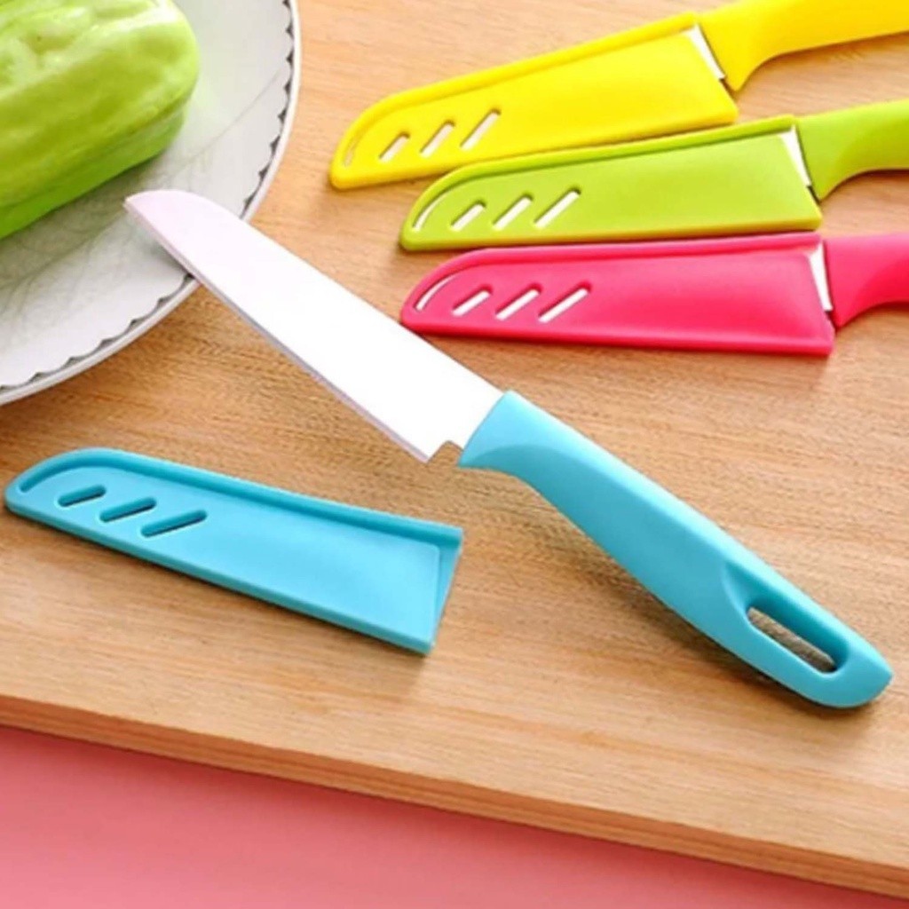 Faca Cozinha Colorida Inox Portátil Lâmina Afiada Corta Fatia Descasca Legume Salada Fruta Comida Capa Bainha Protetora