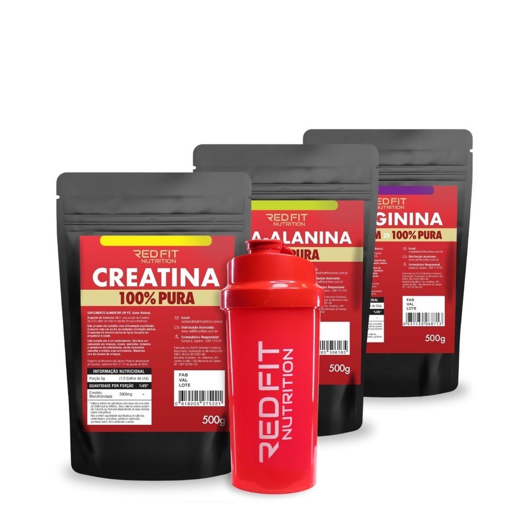 Kit Suplemento em Pó Importado Red Fit Nutrition Creatina 500g Beta-Alanina 500g L-Arginina 500g