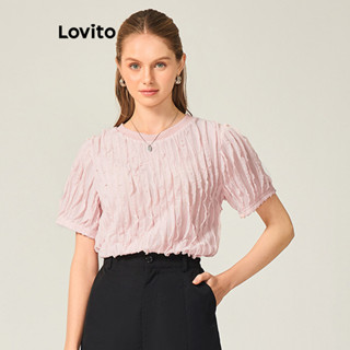 Lovito Casual Camiseta Feminina Lisa Plissada L71ED034 (Rosa)