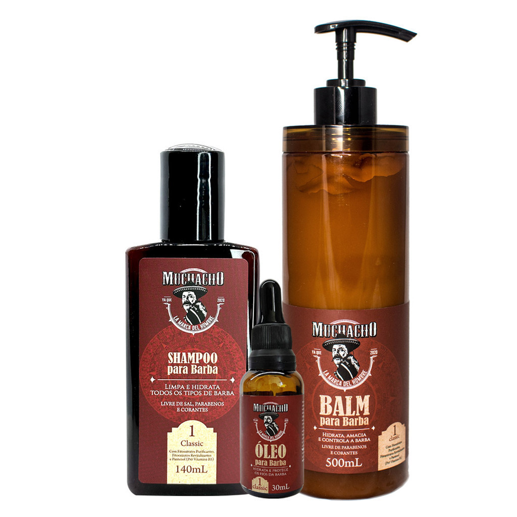 Kit Shampoo para Barba, Balm para Barba de 500g e Óleo para Barba Muchacho Classic