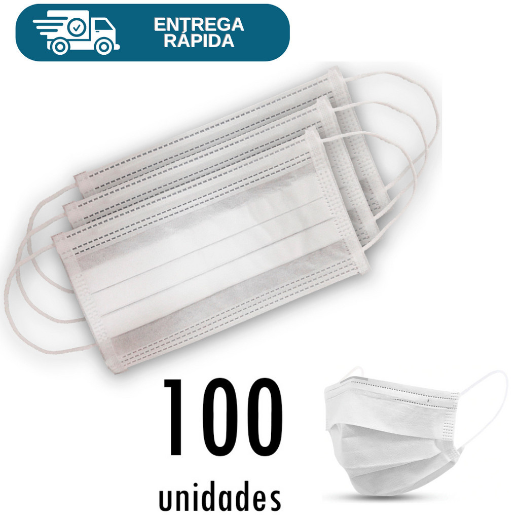 Kit 100 Mascara Descartavel Em TNT Branca Tripla Camada Com Clips Nasal Proteção Hospital Enfermeiro