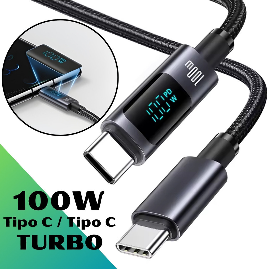 Cabo Tipo C 100w Com Visor Digital 1,2m Cabo Tipo C Para Tipo C Carregamento Turbo 100w 1,2 Metro em Oferta na Shopee