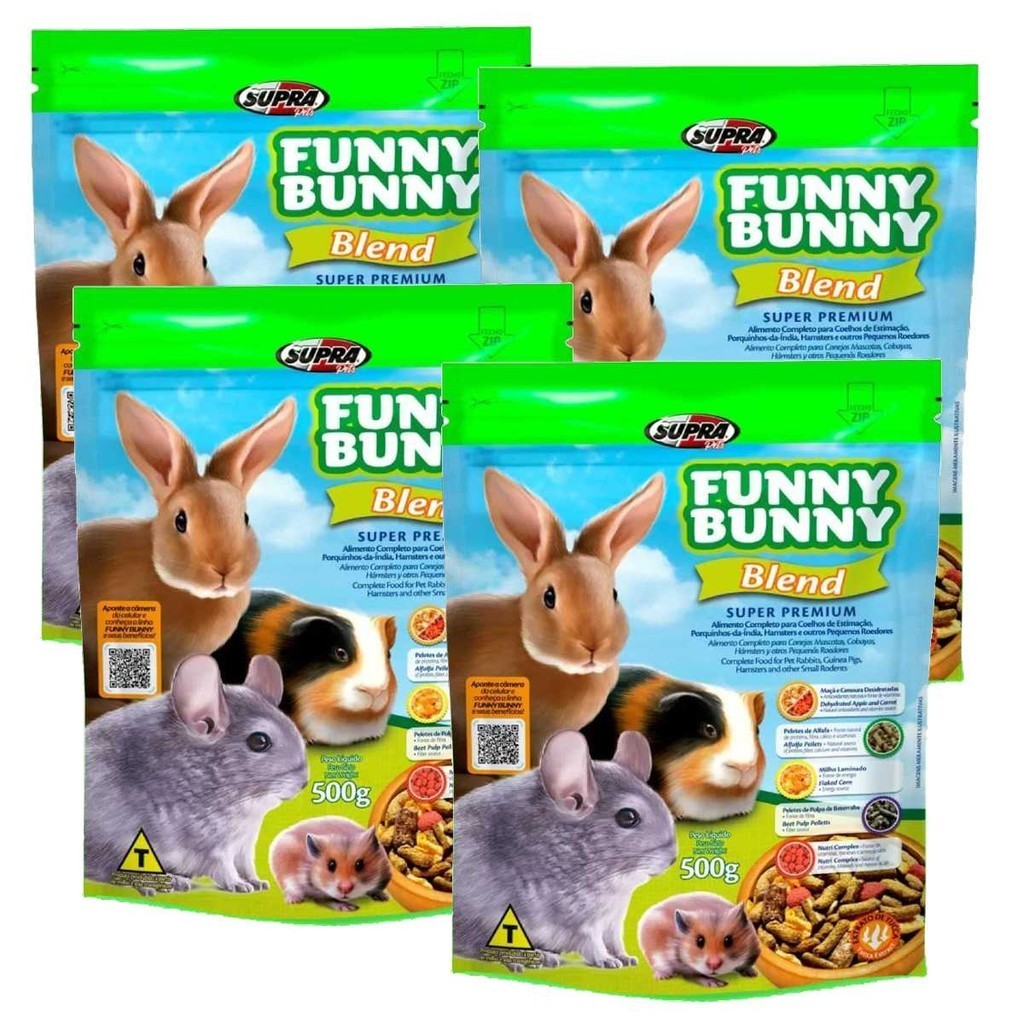 Kit 4 Rações Coelho, Hamsters e Roedores Funny Bunny 500gr