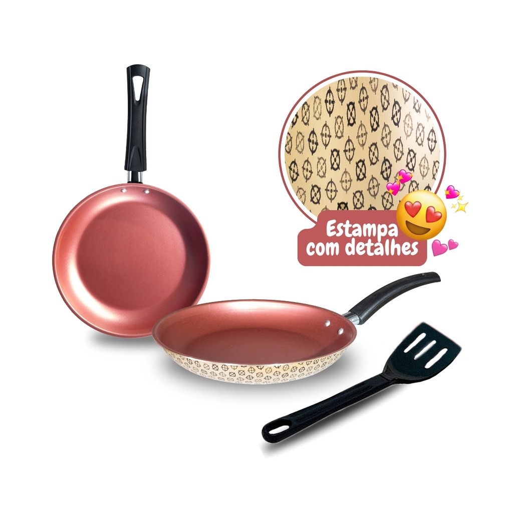 Conjunto Kit 2 Frigideiras Francesas Antiaderente Teflon + Espátula Nylon Grátis Várias Cores