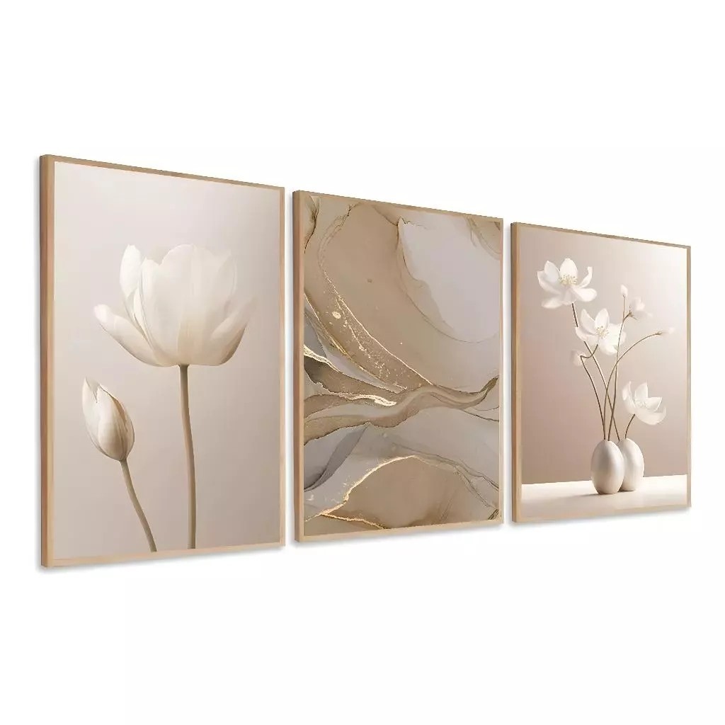 Kit 3 Quadros Decorativos Flores Abstrato Linha Gold Luxo 50x30 Mosaico Sala Quarto Escritório Premium