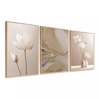 Kit 3 Quadros Decorativos Flores Abstrato Linha Gold Luxo 50x30 Mosaico Sala Quarto Escritório Premium