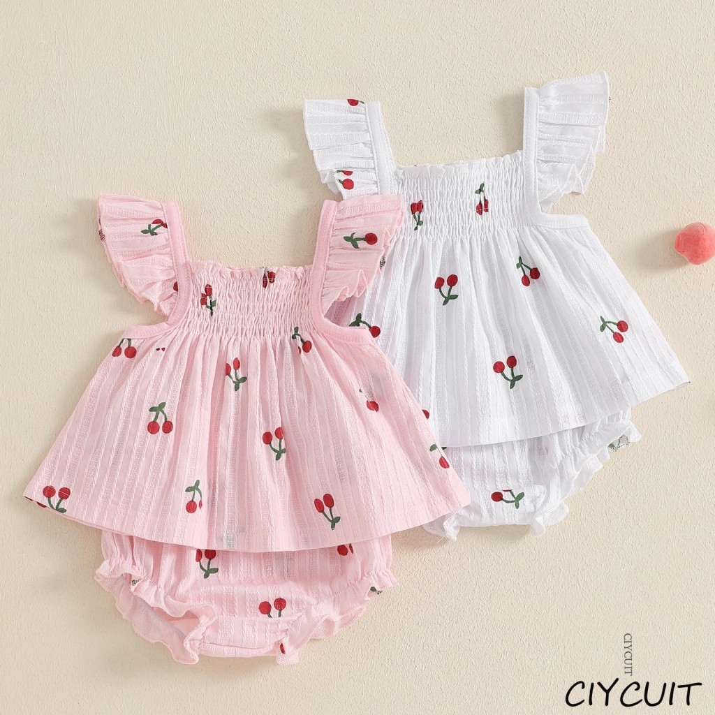 CIYCUIT-Conjunto Para Bebês Meninas/Estampa Cereja Manga Voadora Babydoll Gola Tops + Shorts Com Babados Na Cintura Elás