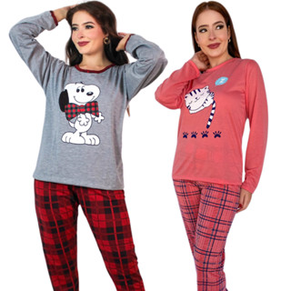 Kit 2 Pijama Feminino Longo Estampado Personagens Desenho