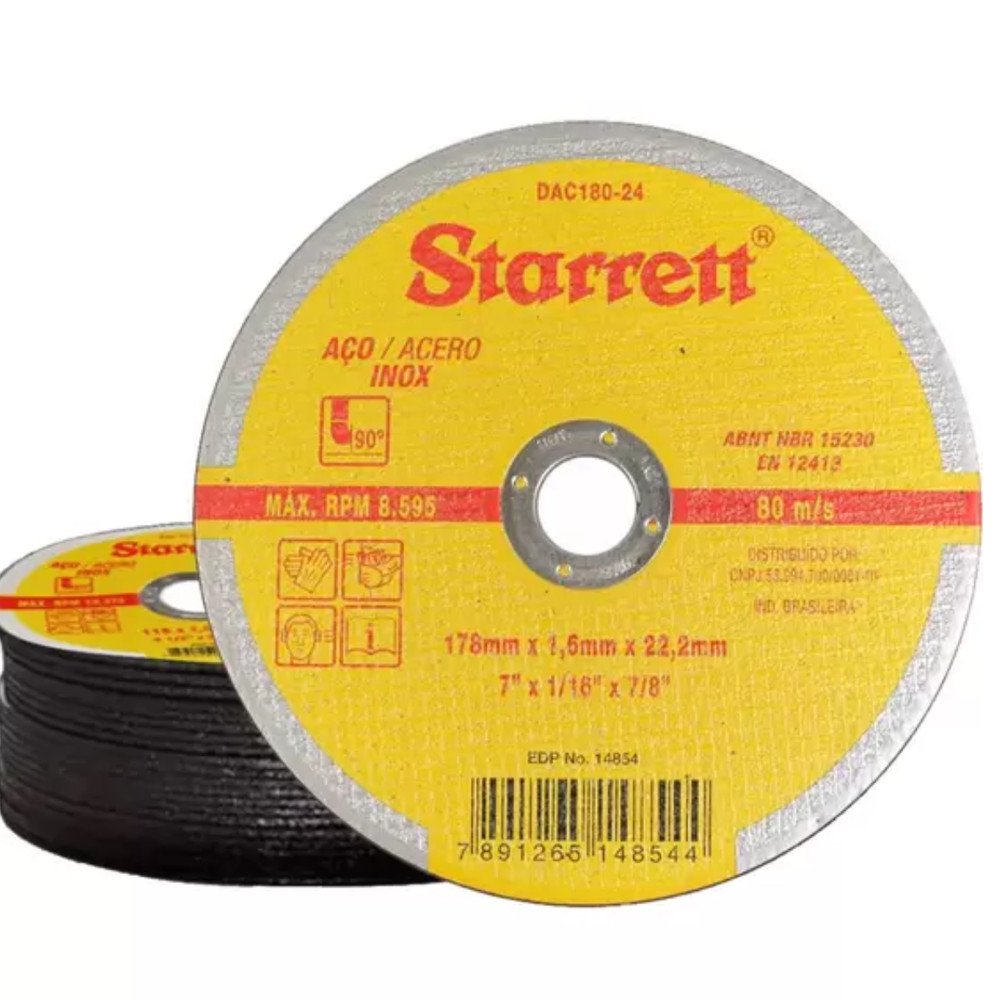 Kit Jogo Disco De Corte Aço Inox 7Pol . 178mmX1,6X7/8Pol. 22mm 12 Unidades Profissional - STARRET - Home & Living