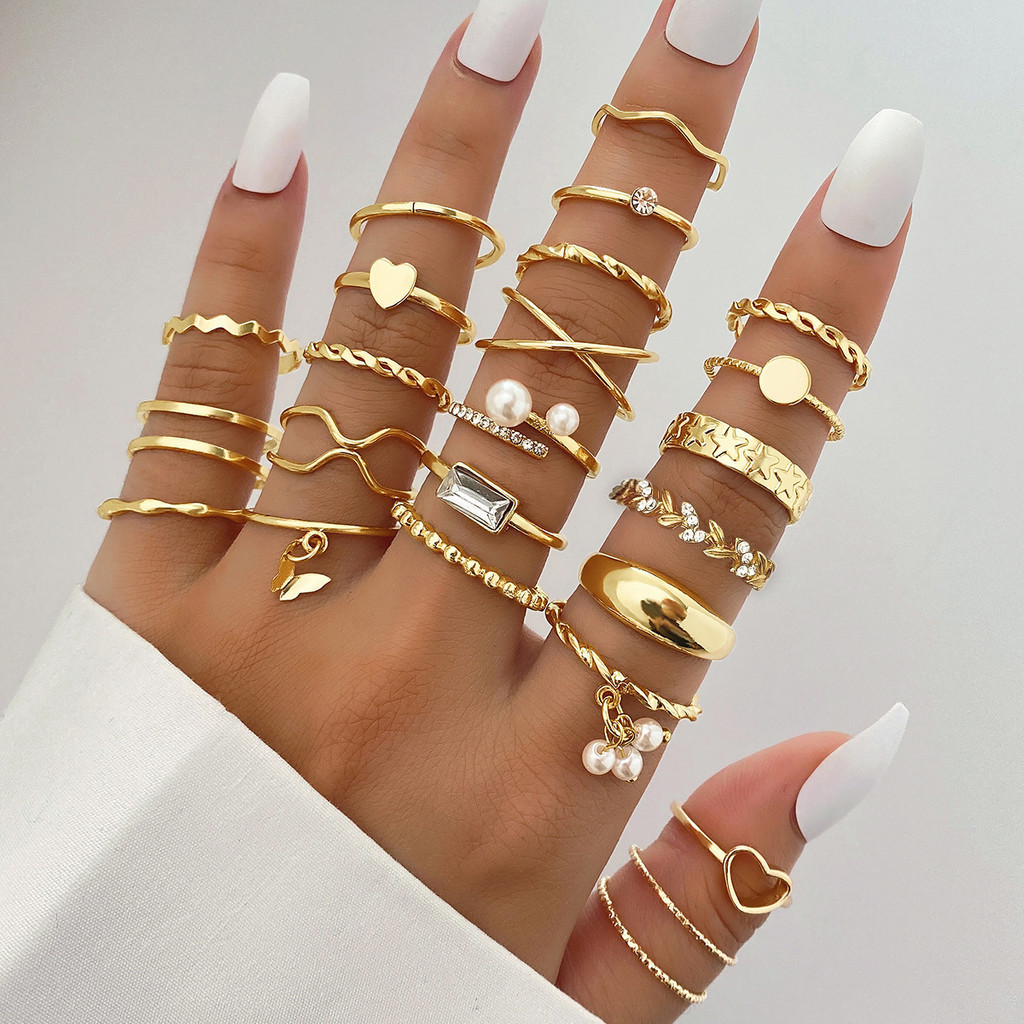 Anel De PéRola Com CoraçãO E Diamante Multicamadas Conjunto De Pulseira De Liga Retrô EmpilháVel Joias Femininas