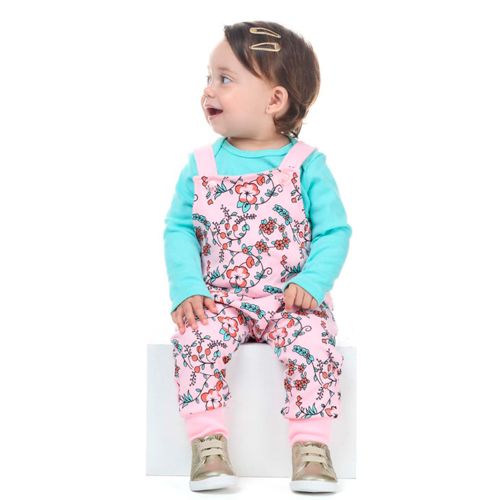 Conjunto de Inverno Menina jardineira longa em moletom Felpudo com body